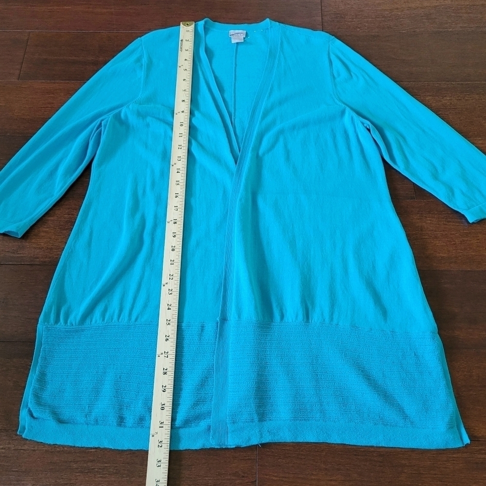 Chico's Stitch-Detail Open Front Mid-Length Cardigan Sweater Women's L Turquoise - Picture 8 of 9